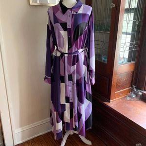 Calvin Klein Purple Abstract Print Handkerchief Belted Shirt Maxi Dress